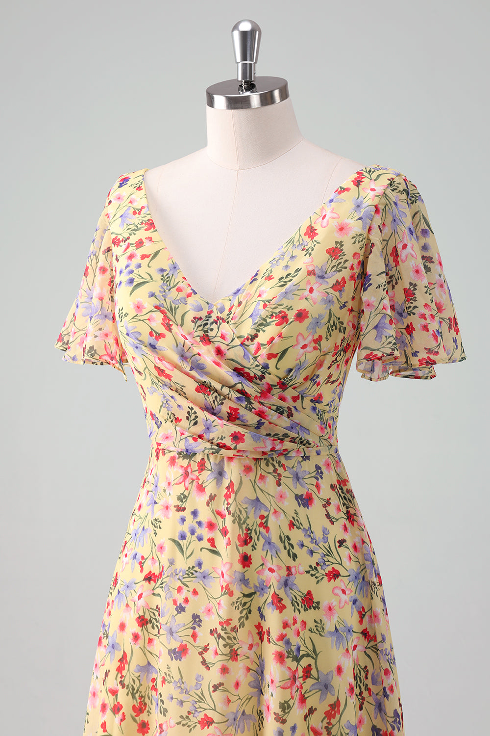 A-Line Yellow Flower Printed V-neck Short Sleeves Long Formal Dress