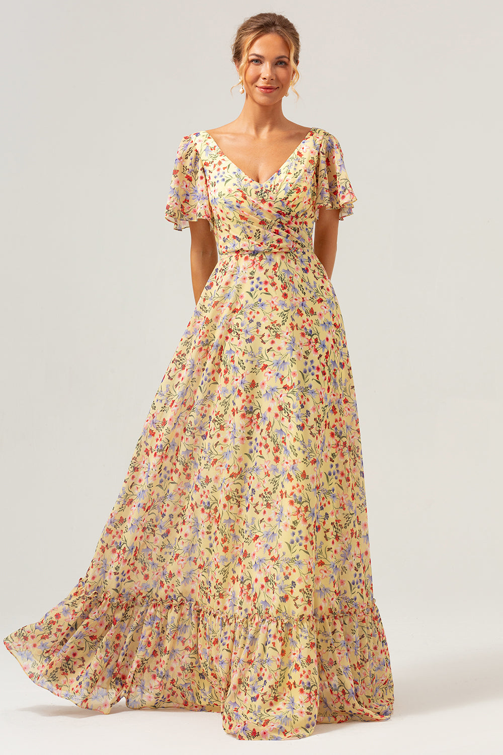 Yellow Flower Printed A-Line V-neck Short Sleeves Long Formal Dress