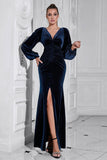 Puff Sleeves Dark Blue Ruched Long Velvet Formal Dress with Slit