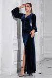 Puff Sleeves Dark Blue Ruched Long Velvet Formal Dress with Slit