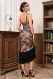 Black Print Ruffled Corset Tea Length Formal Dress with Slit