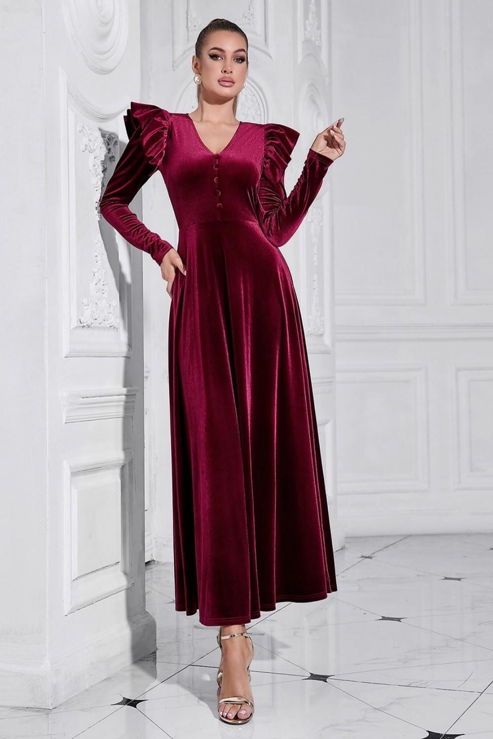 A Line V Neck Burgundy Ruffled Long Velvet Formal Dress