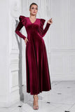 A Line V Neck Burgundy Ruffled Long Velvet Formal Dress