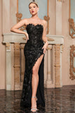 Black Mesh Patchwork Strapless Long Formal Dress