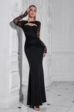 Stylish Black Tulle Sleeves Mermaid Hollow Out Formal Dress
