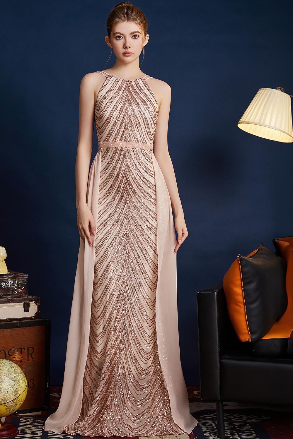 Golden Glitter A Line Spaghetti Straps Beaded Long Formal Dress