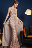 Golden Glitter A Line Spaghetti Straps Beaded Long Formal Dress
