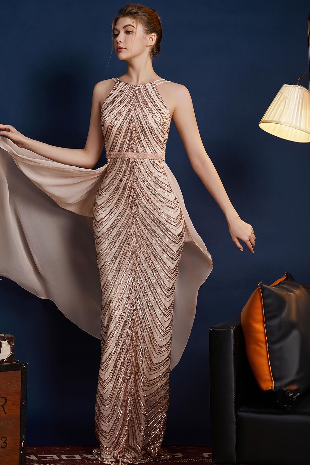 Golden Glitter A Line Spaghetti Straps Beaded Long Formal Dress