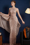 Golden Glitter A Line Spaghetti Straps Beaded Long Formal Dress