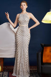 Golden Glitter A Line Spaghetti Straps Beaded Long Formal Dress