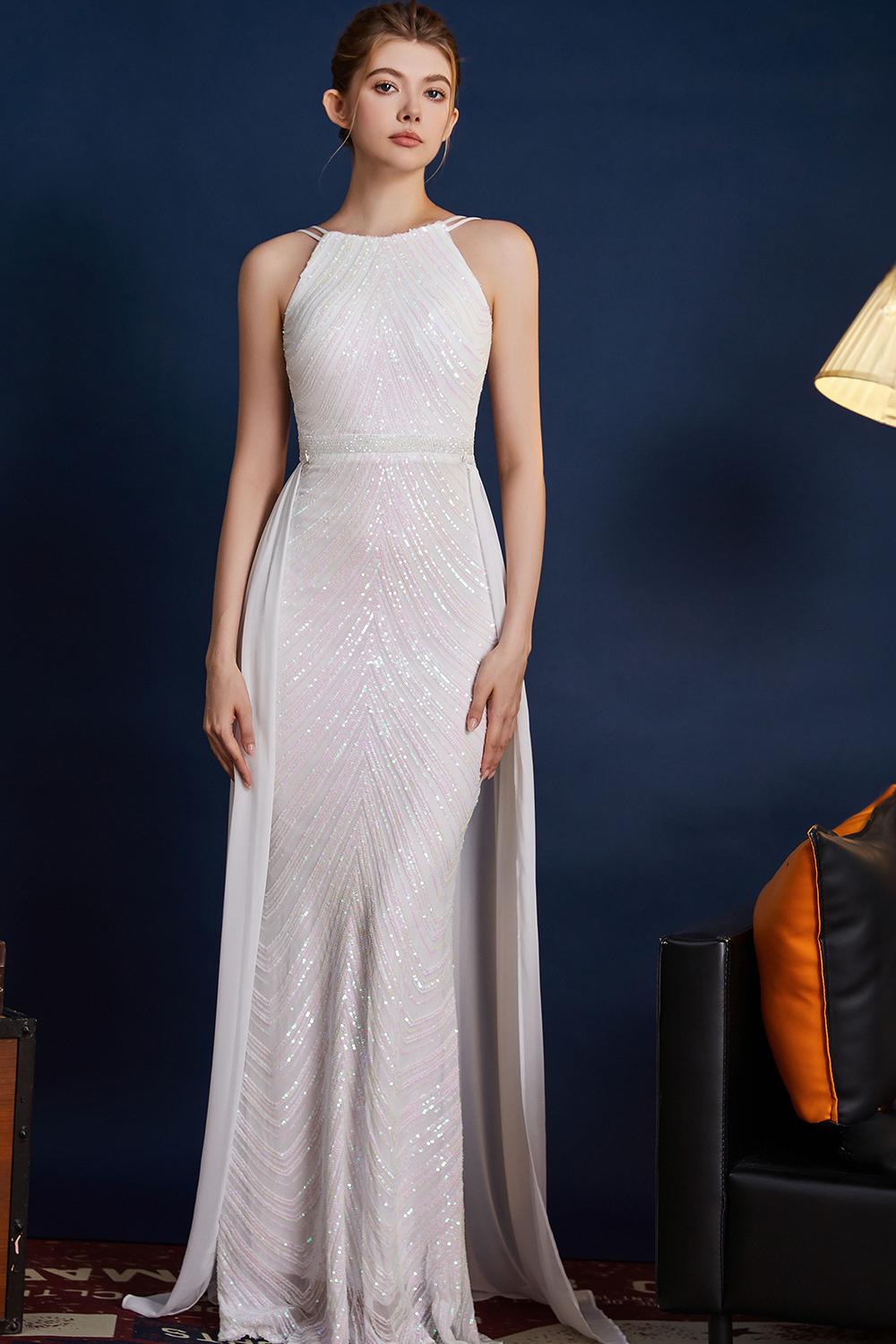 Golden Glitter A Line Spaghetti Straps Beaded Long Formal Dress