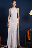 Golden Glitter A Line Spaghetti Straps Beaded Long Formal Dress