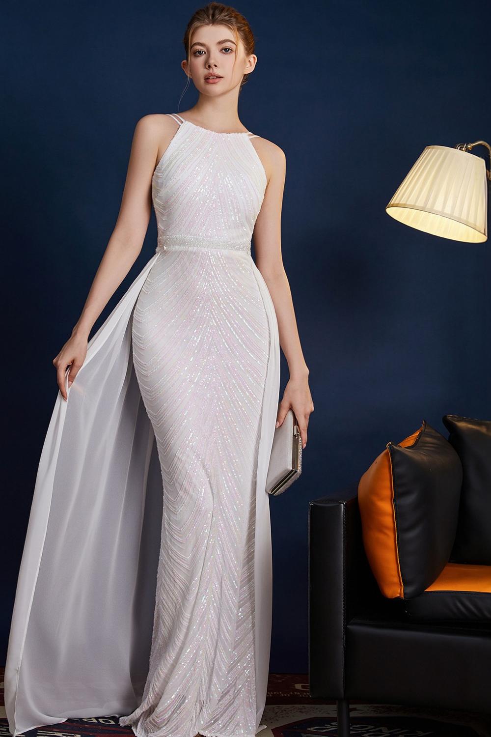 Golden Glitter A Line Spaghetti Straps Beaded Long Formal Dress