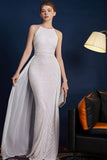 Golden Glitter A Line Spaghetti Straps Beaded Long Formal Dress