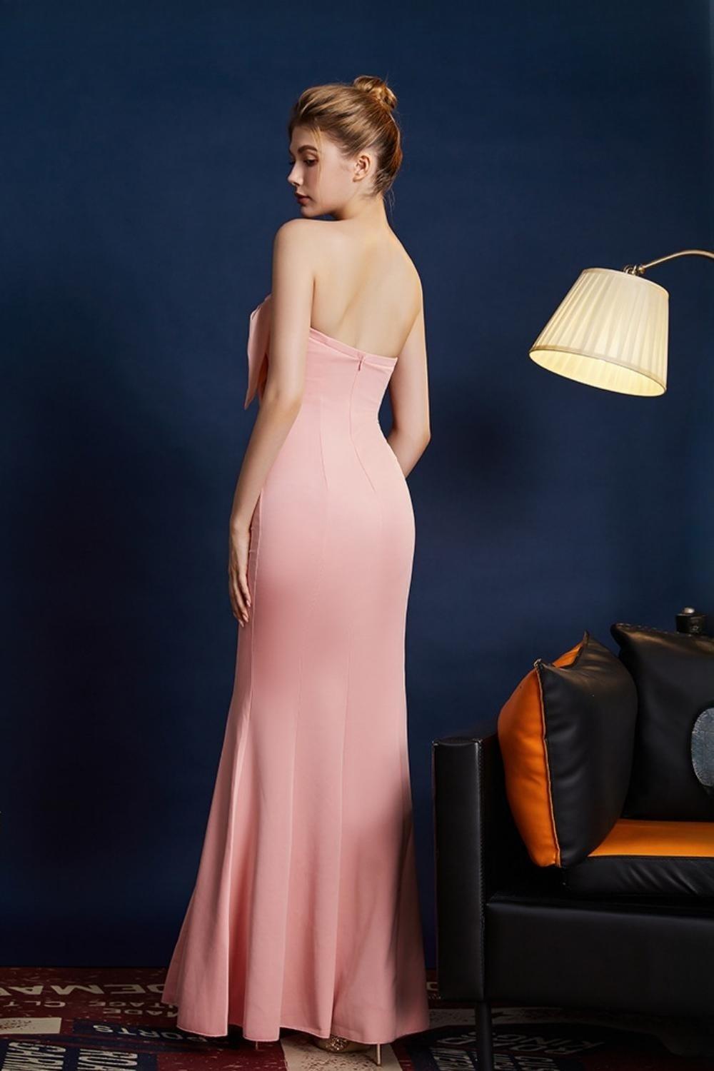 Pink Mermaid Strapless Long Formal Dress with Bow