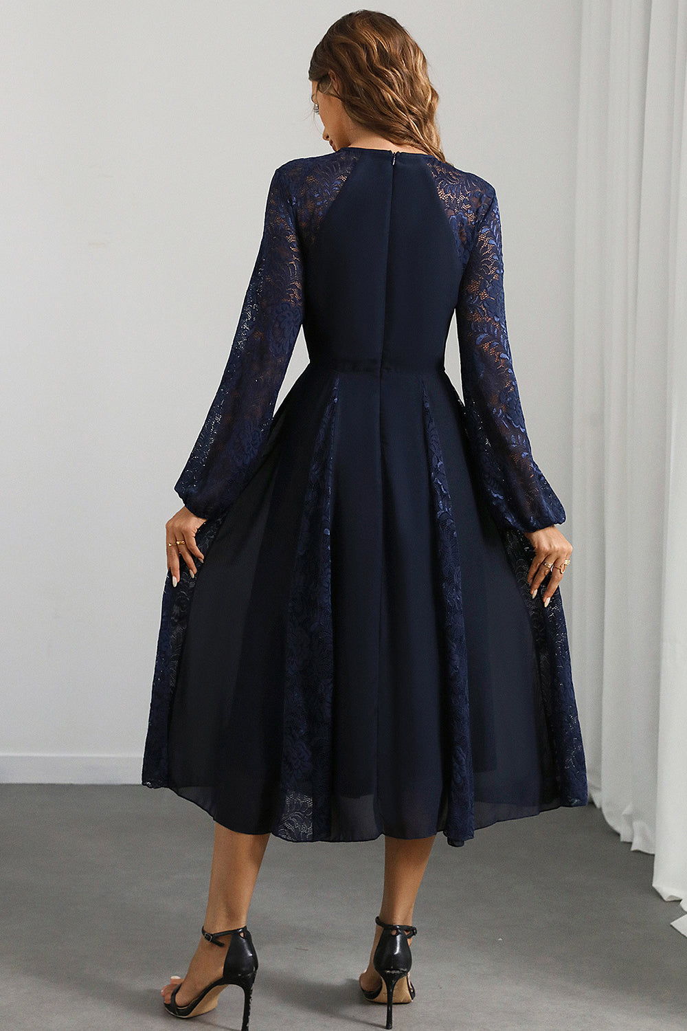 Navy A Line Round Neck Long Formal Dress with Long Sleeves