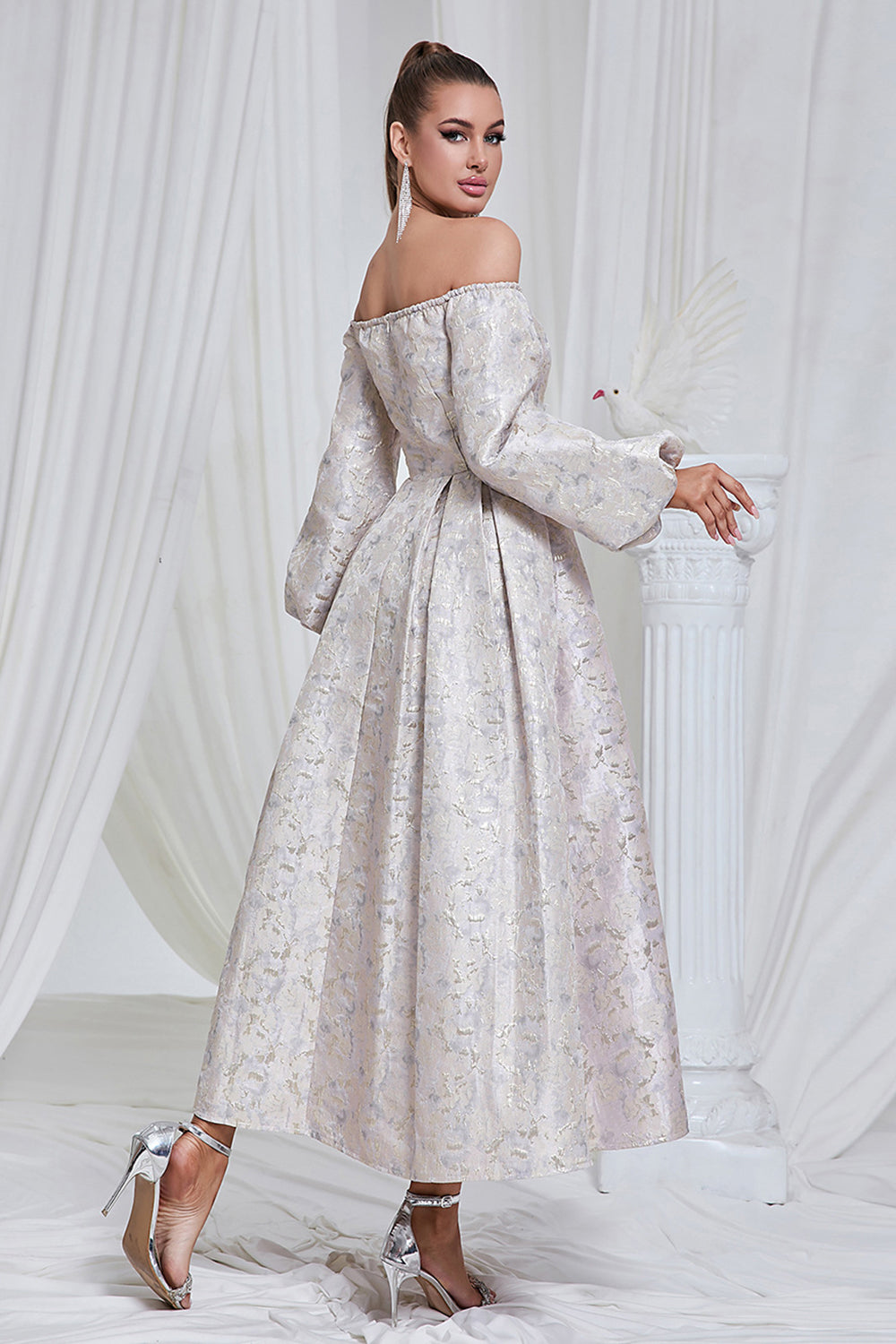 Lilac Pleated Off the Shoulder A Line Long Formal Dress with Long Sleeves