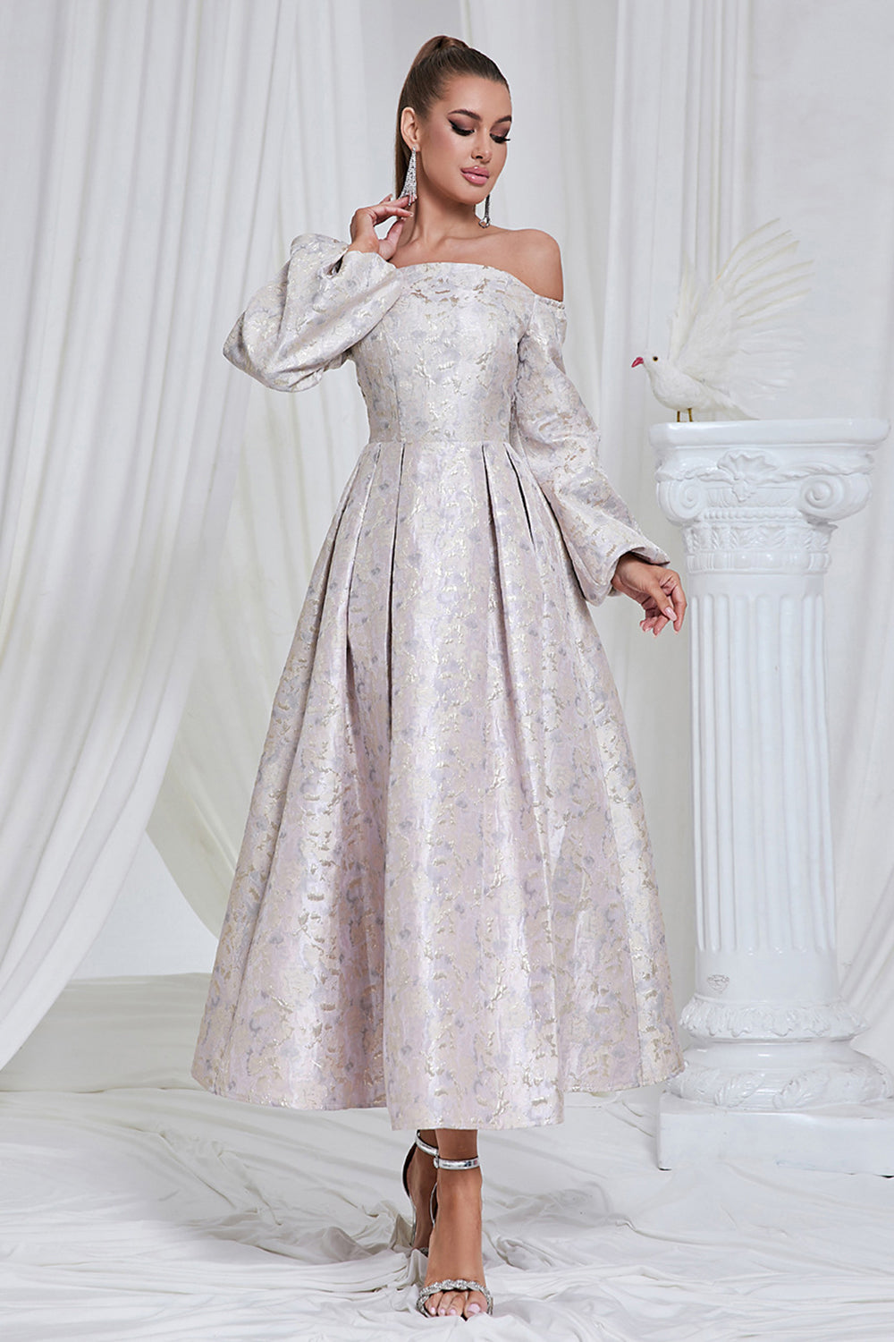 Lilac Pleated Off the Shoulder A Line Long Formal Dress with Long Sleeves