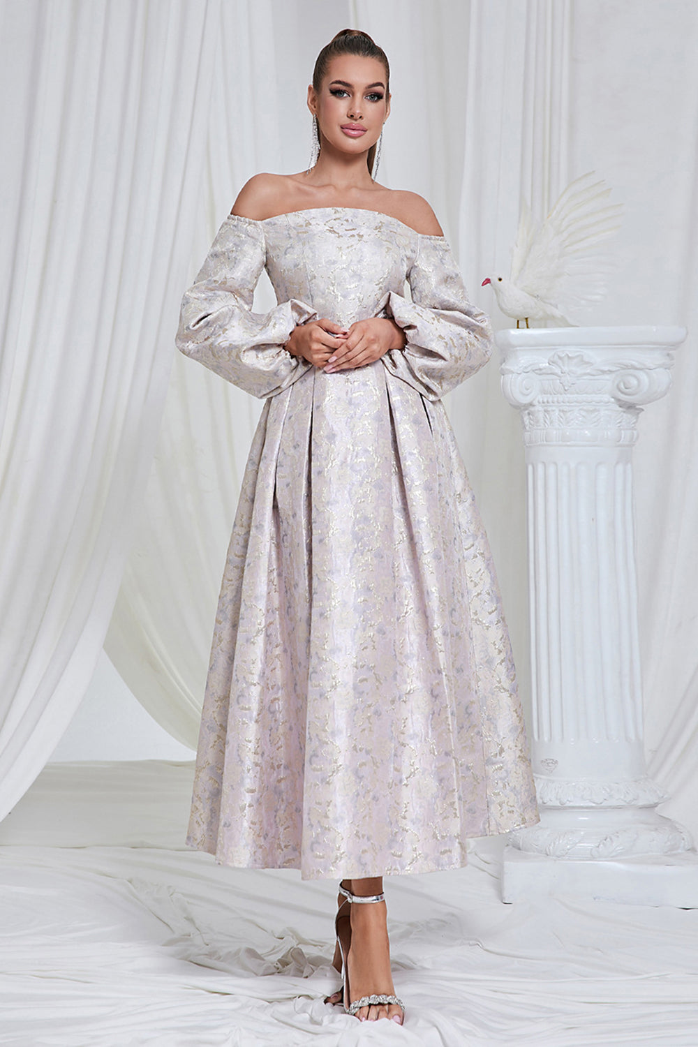 Lilac Pleated Off the Shoulder A Line Long Formal Dress with Long Sleeves