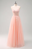 Green A Line Corset Sequin Tulle Long Formal Dress with Lace Up Back