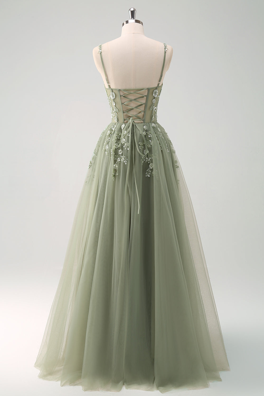Green A Line Corset Sequin Tulle Long Formal Dress with Lace Up Back