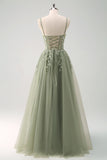 Green A Line Corset Sequin Tulle Long Formal Dress with Lace Up Back