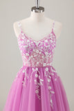 Sparkly Purple A-Line Appliqued Long Formal Dress with Slit