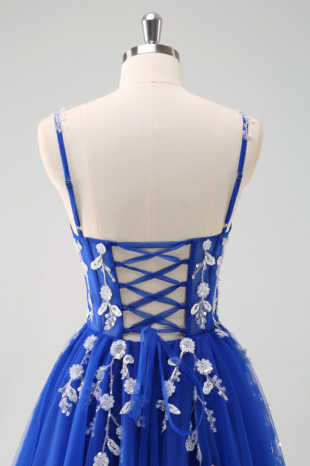 Sparkly A-Line Royal Blue Spaghetti Straps Corset Long Formal Dress