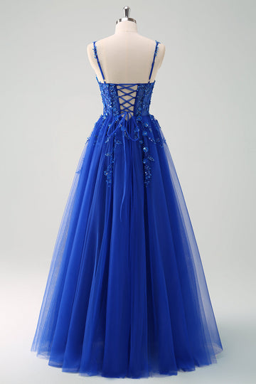 Sparkly A-Line Royal Blue Spaghetti Straps Corset Long Formal Dress