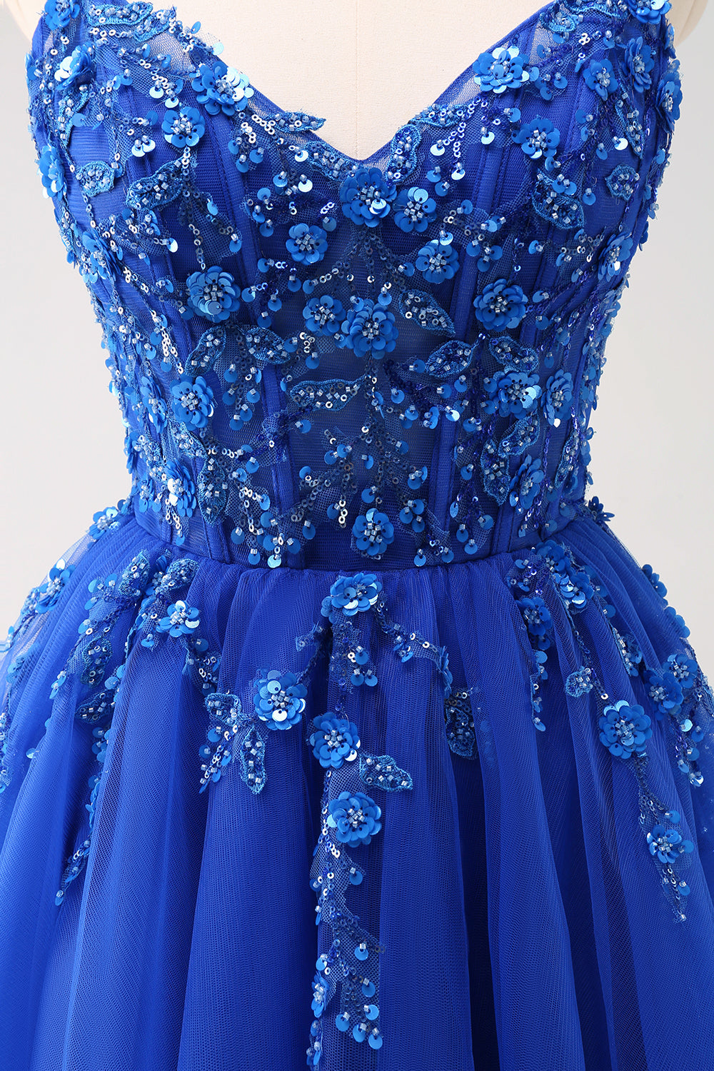 Sparkly A-Line Royal Blue Spaghetti Straps Corset Long Formal Dress