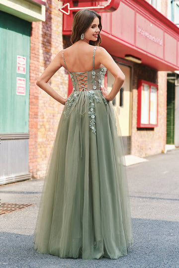 Green A Line Corset Sequin Tulle Long Formal Dress with Lace Up Back
