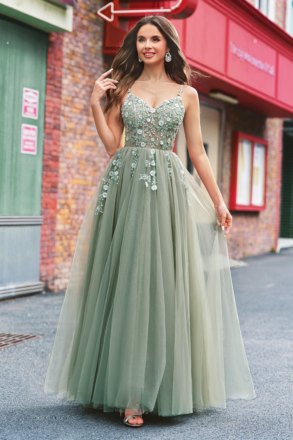 Green A Line Corset Sequin Tulle Long Formal Dress with Lace Up Back