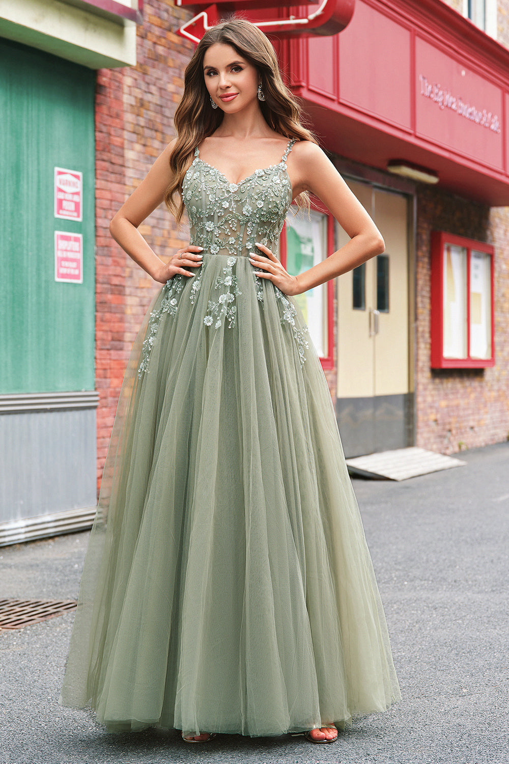 Green A Line Corset Sequin Tulle Long Formal Dress with Lace Up Back