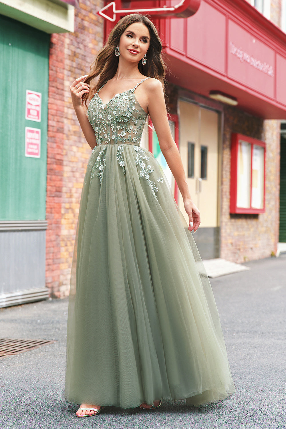 Green A Line Corset Sequin Tulle Long Formal Dress with Lace Up Back