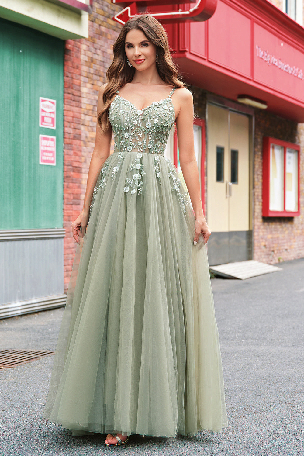 Green A Line Corset Sequin Tulle Long Formal Dress with Lace Up Back
