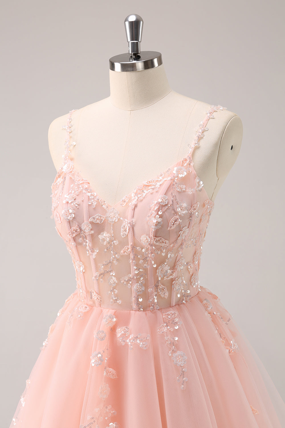 A Line Blush Spaghetti Straps Tulle Corset Sequins Cocktail Dress with Appliques