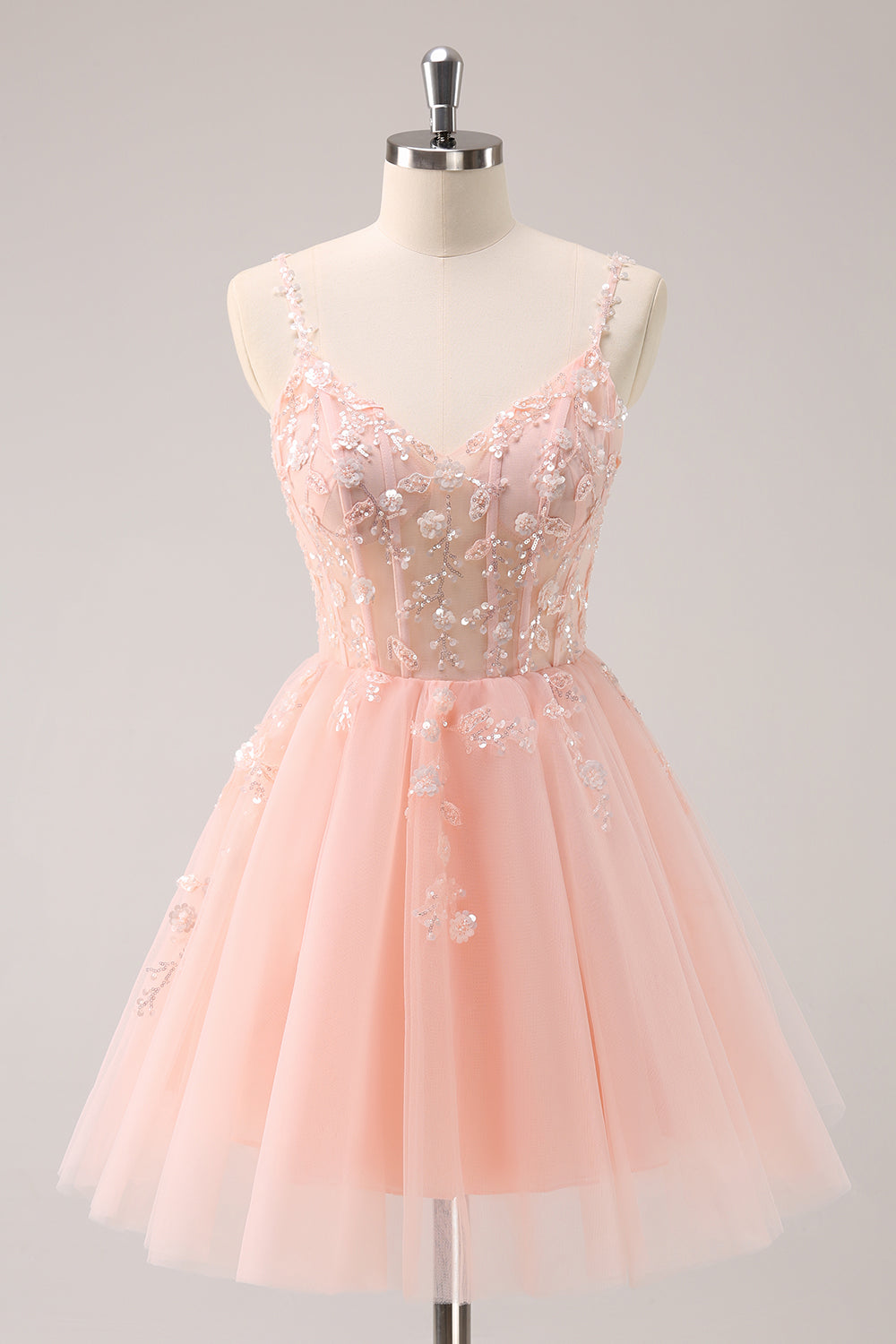 A Line Blush Spaghetti Straps Tulle Corset Sequins Cocktail Dress with Appliques