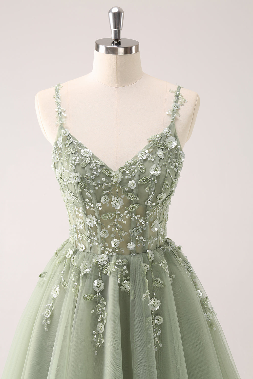 A Line Blush Spaghetti Straps Tulle Corset Sequins Cocktail Dress with Appliques