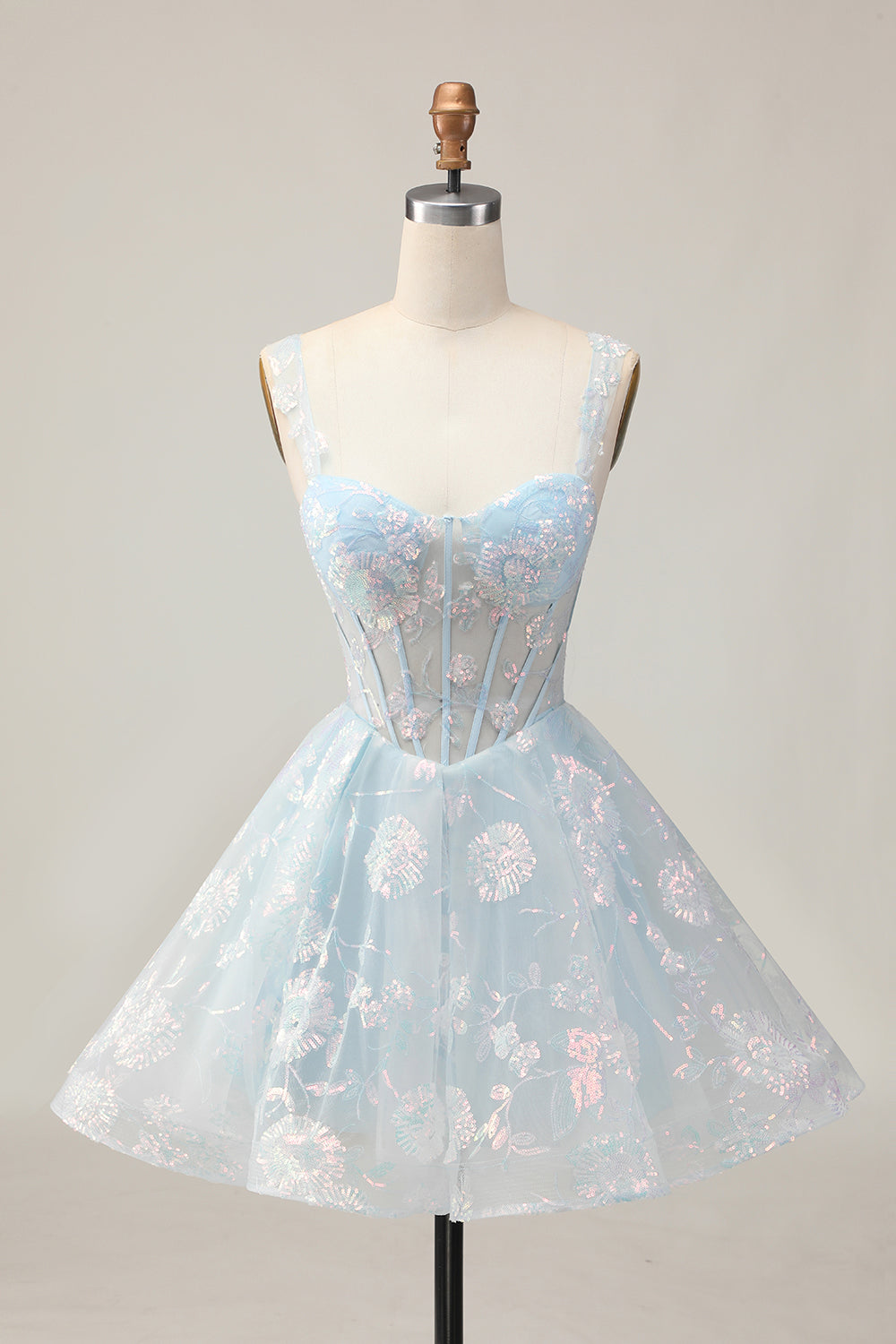 Sparkly Light Blue A Line Spaghetti Straps Corset Long Homecoming Dress