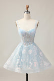 Sparkly Light Blue A Line Spaghetti Straps Corset Long Homecoming Dress