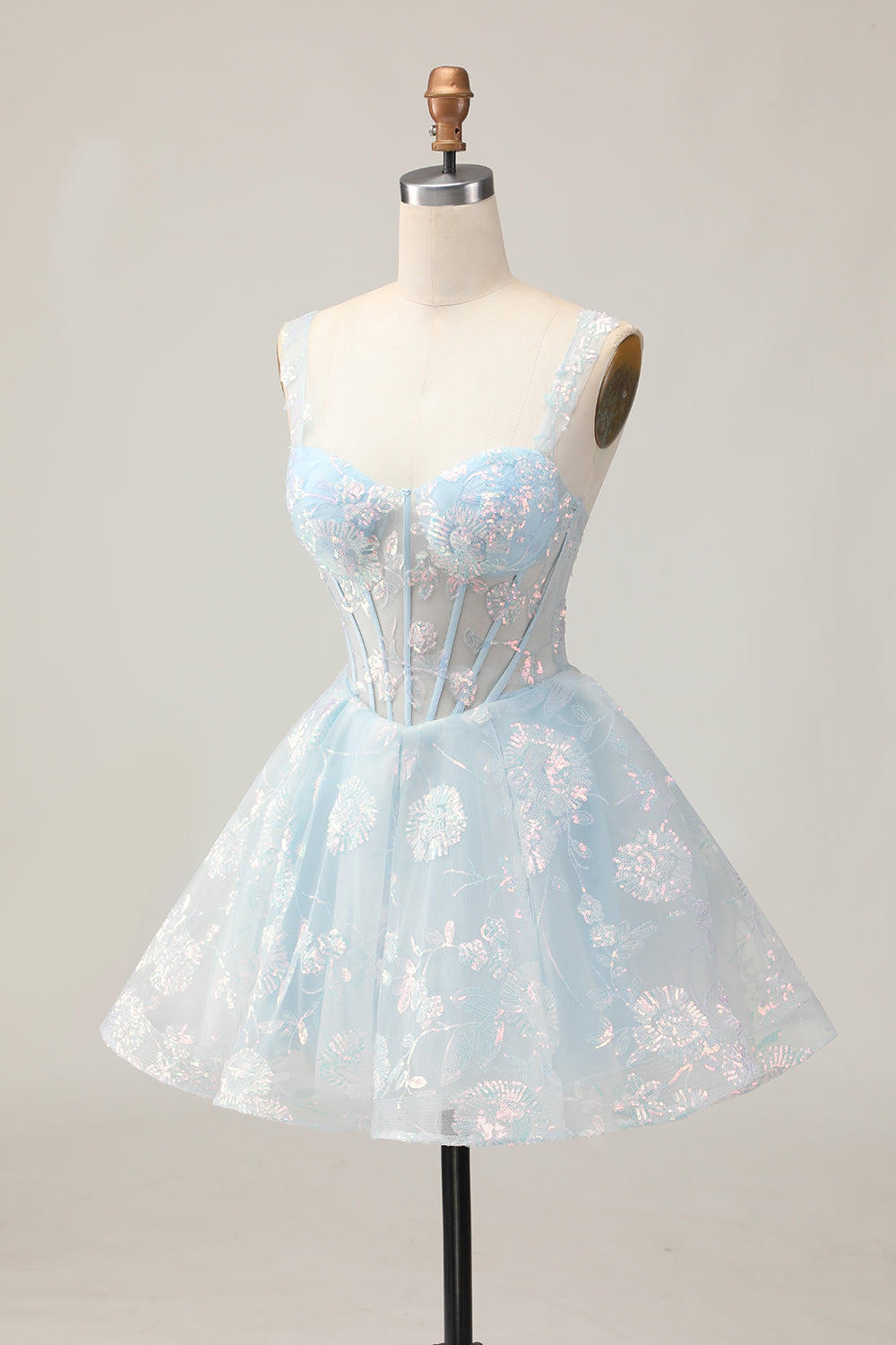 Sparkly Light Blue A Line Spaghetti Straps Corset Long Homecoming Dress