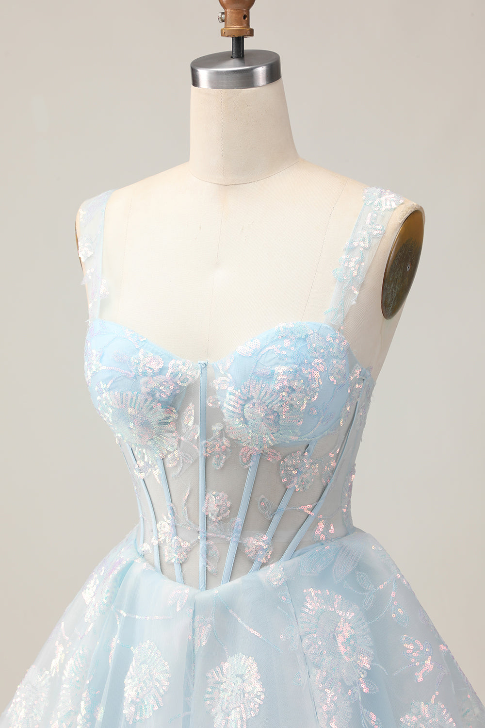 Sparkly Light Blue A Line Spaghetti Straps Corset Long Homecoming Dress