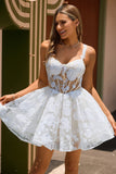 White A-Line Corset Short Floral Homecoming Dress with Sequins
