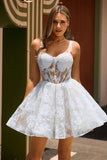 White A-Line Corset Short Floral Homecoming Dress with Sequins
