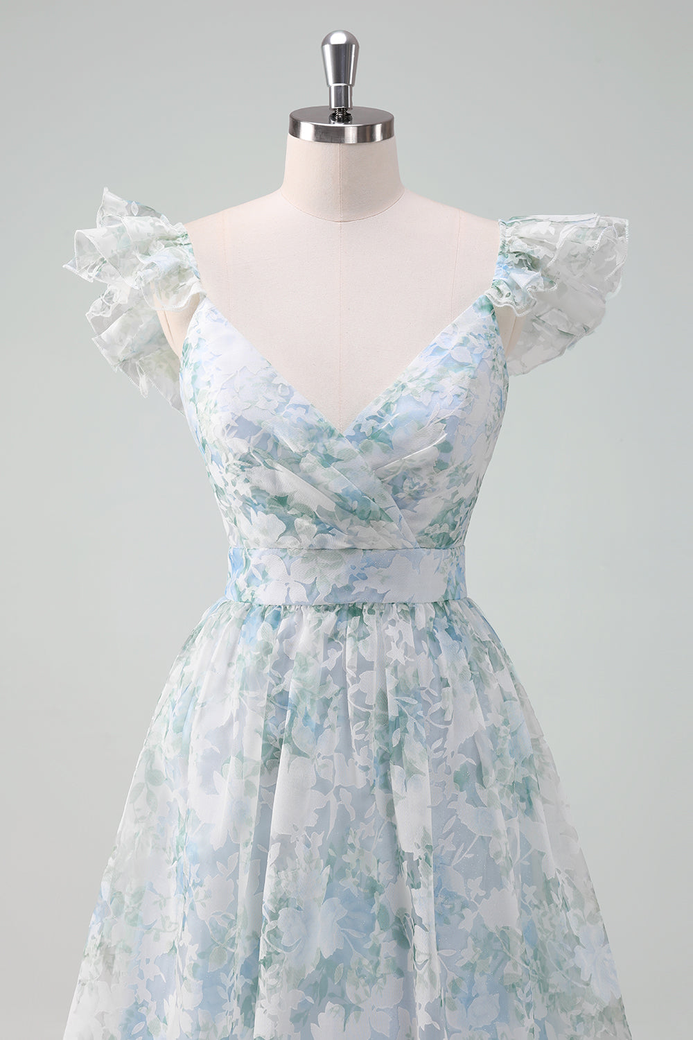 Light Blue Flower Printed A-Line Cap Sleeves Long Formal Dress