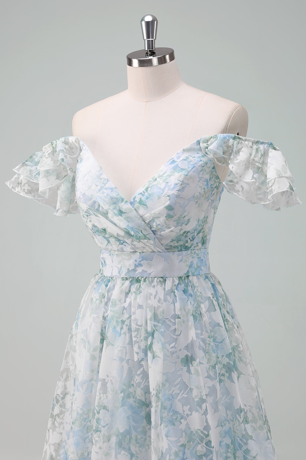 Light Blue Flower Printed A-Line Cap Sleeves Long Formal Dress