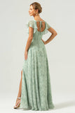 Dusty Sage Square Neck Floral Printed Long Bridesmaid Dress with Slit