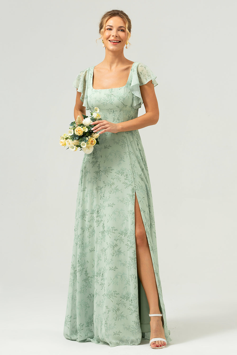 Dusty Sage Square Neck Floral Printed Long Bridesmaid Dress with Slit