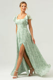 Dusty Sage Square Neck Floral Printed Long Bridesmaid Dress with Slit