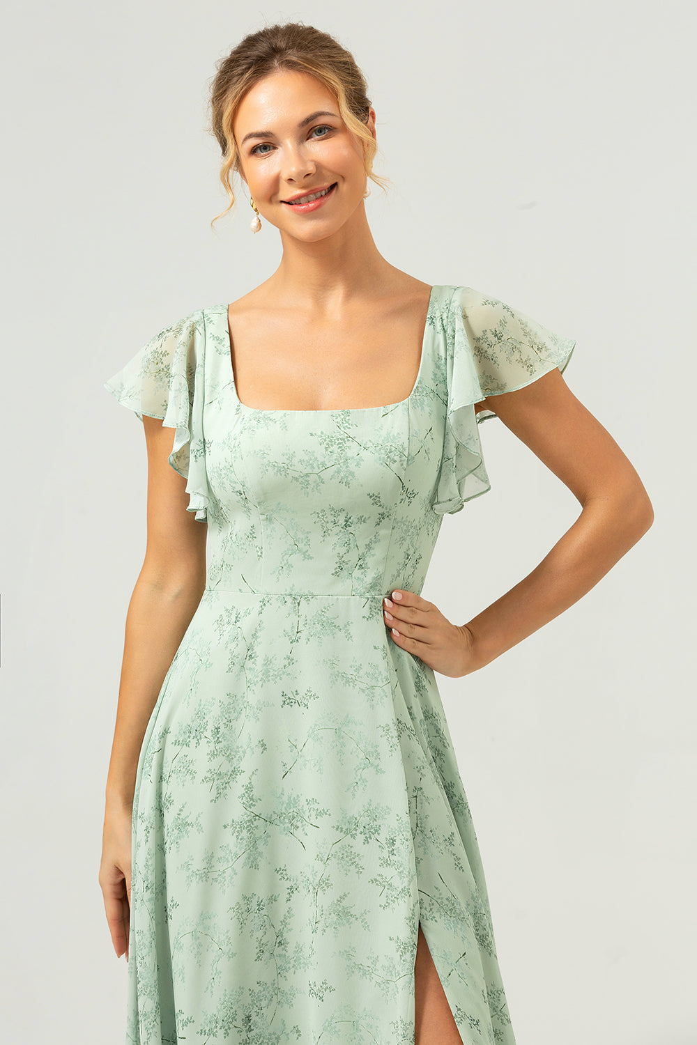 Dusty Sage Square Neck Floral Printed Long Bridesmaid Dress with Slit